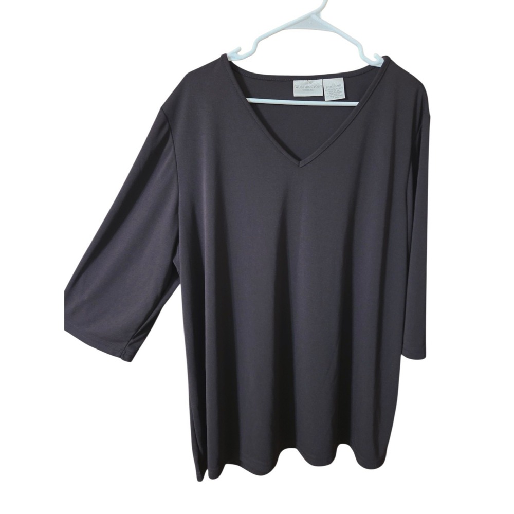 Vintage Worthington Woman Dark Brown V-Neck 3/4-Sleeve Stretch Top 2X